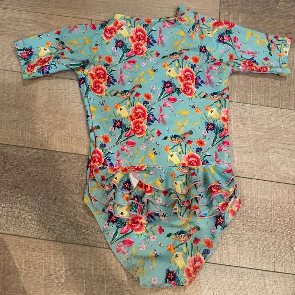 TAME THE SUN GIRLS 1 PIECE SWIM SUIT SIZE 9 BIRD BLUE FLORAL RUFFLES